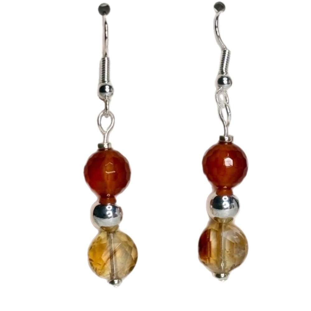 Citrine Coin (AA) and Carnelian 8mm Faceted Beads Earhook Earrings Silver Plate
